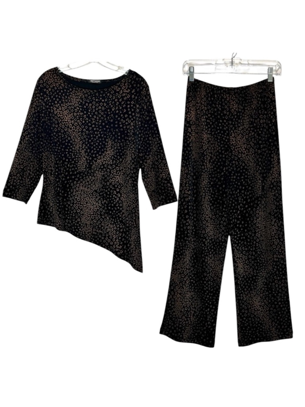 Softwear by Mark Singer Black & Brown Slinky Pants & Asymmetric Top Set - Small